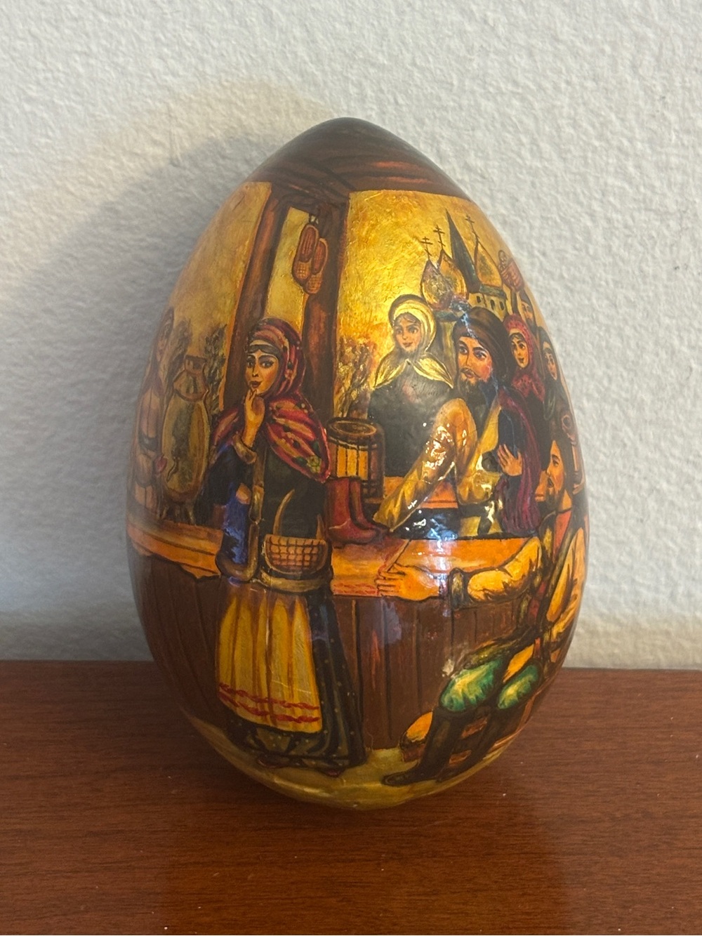Authentic Fedoskino Russian Lacquer Wood Egg Signed Burochkin Folk Art Vintage